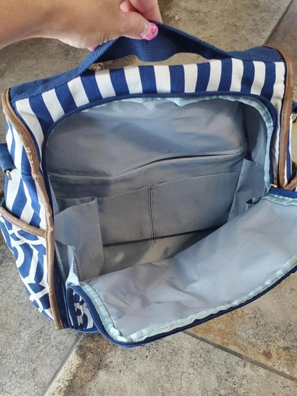 Mudpie Bigger Bundle Diaper Bag Backpack, Navy blue stripes & Geometric Trellis